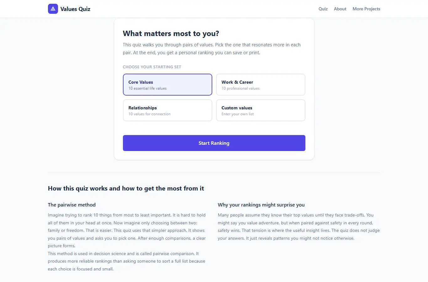 Screenshot of Values Ranking Quiz interface showing the project page in use
